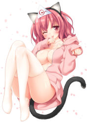 Rule 34 | 1girl, ;p, alternate costume, animal ears, blush, bottomless, breasts, cat ears, cat tail, cleavage, collarbone, fake animal ears, female focus, full body, hood, hoodie, kani biimu, kemonomimi mode, large breasts, licking, licking hand, long sleeves, naked hoodie, naked shirt, no bra, no panties, no shoes, one eye closed, open clothes, open shirt, paw pose, petals, pink eyes, pink hair, saigyouji yuyuko, shiny skin, shirt, simple background, skindentation, smile, solo, tail, thighhighs, thighs, tongue, tongue out, touhou, triangular headpiece, white background, white thighhighs, wink