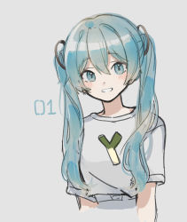 Rule 34 | 1girl, blue eyes, blue hair, blush, commentary, cropped torso, grey background, grey shirt, grin, hair between eyes, hatsune miku, highres, long hair, looking at viewer, print shirt, shirt, short sleeves, simple background, smile, solo, spring onion, twintails, upper body, very long hair, vocaloid, wandu mook
