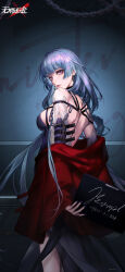 Rule 34 | 1girl, absurdres, arm belt, backless dress, backless outfit, bare back, bare shoulders, blue hair, blunt bangs, breasts, bridal gauntlets, chain, copyright name, cowboy shot, dress, earrings, hamel (path to nowhere), highres, holding, holding sign, indoors, jacket, jewelry, logo, long hair, long sleeves, looking at viewer, looking back, medium breasts, mugshot, off shoulder, official art, official wallpaper, path to nowhere, pink eyes, pink lips, prison clothes, purple bridal gauntlets, purple dress, purple nails, red jacket, sign, solo, turning head, very long hair