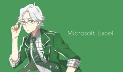Rule 34 | adjusting eyewear, cioccolatodorima, closed mouth, copyright name, glasses, green background, green jacket, green necktie, jacket, looking at viewer, male focus, microsoft excel, microsoft office, necktie, personification, simple background, solo, upper body, white hair