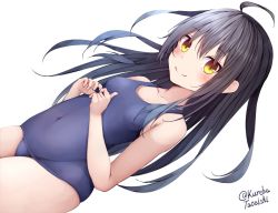 Rule 34 | 1girl, ahoge, alternate costume, black hair, blue one-piece swimsuit, breasts, collarbone, covered navel, dutch angle, hair between eyes, kantai collection, long hair, looking at viewer, mikazuki (kancolle), old school swimsuit, one-piece swimsuit, school swimsuit, simple background, small breasts, solo, swimsuit, swimsuit under clothes, tateishi kureha, twitter username, white background, yellow eyes