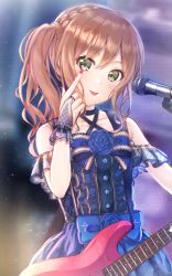 Rule 34 | 1girl, absurdres, akanbe, bang dream!, blue dress, bow, braid, brown hair, center frills, collarbone, commentary request, cowboy shot, dress, dress bow, electric guitar, eyelid pull, frills, gohan (lupina1023), green eyes, guitar, highres, imai lisa, index finger raised, instrument, long hair, looking at viewer, microphone, nail polish, red nails, ribbon, sleeveless, solo, tongue, tongue out