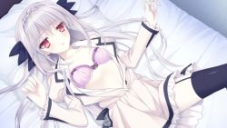 Rule 34 | 1girl, :o, bed, bed sheet, black thighhighs, blush, bow, bow bra, bra, braid, breasts, buttons, collar, collarbone, frills, from above, game cg, garter straps, grey hair, hair bow, lace, long hair, long sleeves, lying, on back, on bed, open clothes, open mouth, open shirt, parted lips, pink bra, puffy sleeves, red eyes, ribbon, sakurakouji luna, school uniform, shirt, skirt, small breasts, solo, suzuhira hiro, thighhighs, tsuki ni yorisou otome no sahou, unbuttoned, underwear, uniform, zettai ryouiki