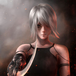 Rule 34 | 1girl, black gloves, christoph kampf, closed mouth, elbow gloves, fire, gloves, hair over one eye, highres, holding, holding sword, holding weapon, joints, lips, looking at viewer, nier (series), nier:automata, portrait, robot joints, signature, grey eyes, silver hair, solo, sword, tank top, upper body, weapon, a2 (nier:automata)
