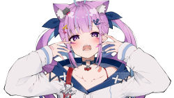 Rule 34 | 1girl, absurdres, ahoge, anchor hair ornament, anchor symbol, animal (vocaloid), animal ear fluff, animal ears, bad id, bad twitter id, blue choker, blue hair, blue nails, blue ribbon, blush, braid, cat ears, cat hair ornament, choker, colored inner hair, darjeeling (reley), drill hair, extra ears, facepaint, fingernails, hair ornament, hair ribbon, highres, hololive, hood, hoodie, long sleeves, looking at viewer, minato aqua, multicolored hair, multicolored nails, nail polish, neko (minato aqua), open mouth, pink hair, pink nails, purple eyes, ribbon, sharp fingernails, solo, twin drills, twintails, upper body, virtual youtuber, vocaloid, white background, white hoodie