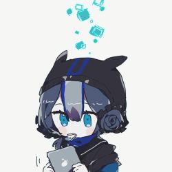 Rule 34 | 1girl, 21chainstore, animal ears, arknights, blue eyes, blue hair, blunt bangs, blush, candy, chibi, chinese commentary, food, food in mouth, glaucus (arknights), headgear, lollipop, multicolored hair, solo, streaked hair, tablet pc