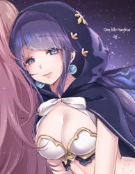 Rule 34 | 2girls, blue eyes, blue hair, blush, breasts, cinderella (sinoalice), cleavage, closed mouth, crop top, danish text, earrings, fins, hinata mizuiro, hood, hood up, jewelry, large breasts, light particles, long hair, looking at viewer, multiple girls, navel, ningyo hime (sinoalice), pink hair, ribbon, signature, sinoalice, smile, twintails, very long hair