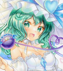 Rule 34 | 1girl, :d, alternate costume, blue background, breasts, cleavage, dress, green eyes, green hair, hashtag-only commentary, hat, heart, heart of string, komeiji koishi, komeiji koishi (white darkness of the earth&#039;s core), looking at viewer, marker (medium), medium hair, nekofish666, open mouth, smile, solo, third eye, touhou, touhou lostword, traditional media, twitter username, upper body, wedding dress, white hat