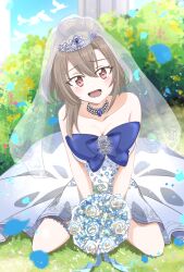 Rule 34 | 1girl, alternate costume, bare shoulders, bead necklace, beads, blue bow, blue gemstone, blush, bouquet, bow, breasts, bridal veil, bride, brown hair, bush, bwave968, chest bow, cleavage, collarbone, commentary request, day, double-parted bangs, dress, eydis (sao), falling petals, floral print, flower, gem, hair bun, highres, holding, holding bouquet, jewelry, looking at viewer, medium breasts, necklace, on grass, on ground, open mouth, outdoors, petals, red eyes, rose, see-through, see-through veil, sitting, sleeveless, sleeveless dress, smile, solo, strapless, strapless dress, sword art online, thigh strap, tiara, veil, wariza, wedding dress, white dress, white flower, white rose, white veil