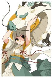 Rule 34 | 1girl, arms up, braid, character request, chinese zodiac, claws, copyright request, dragon, dragon horns, highres, horns, japanese clothes, kimono, new year, obi, red ribbon, ribbon, sash, simple background, solo, twin braids, white background, year of the dragon, yellow eyes, zzz sena 0