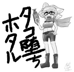 Rule 34 | 1girl, breasts, cosplay, female focus, greyscale, inkling, marie (splatoon), monochrome, nintendo, solo, splatoon (series), splatoon 1, takozonesu, takozonesu (cosplay), translation request, usa (dai9c carnival), white background