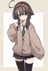Rule 34 | 1girl, black skirt, black thighhighs, blush, brown background, brown cardigan, brown eyes, brown hair, brown hairband, cardigan, closed mouth, collared shirt, commentary request, green necktie, hair between eyes, hairband, hand up, long hair, long sleeves, looking at viewer, natsuki teru, necktie, original, pleated skirt, puffy long sleeves, puffy sleeves, shikibe ayaka, shirt, skirt, sleeves past wrists, solo, standing, thighhighs, two-tone background, v-shaped eyebrows, white background, white shirt