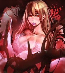 Rule 34 | bare shoulders, blood, bow (bhp), breasts, brown hair, cleavage, dress, large breasts, long hair, original, red eyes, solo, thorns