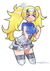 Rule 34 | &gt; &lt;, 1girl, blonde hair, blue shirt, breast pocket, breasts, collared shirt, cowboy shot, cropped legs, gambier bay (kancolle), gloves, hair between eyes, hairband, kantai collection, large breasts, mogamiya honu, multicolored clothes, multicolored gloves, open mouth, pocket, shirt, short sleeves, simple background, solo, tearing up, thighhighs, twintails, white background, white thighhighs