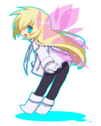 Rule 34 | 00s, 1girl, ass, black leggings, blonde hair, blue eyes, chibi, colette brunel, female focus, full body, gloves, leggings, long hair, looking at viewer, looking back, open mouth, simple background, smile, solo, standing, tales of (series), tales of symphonia, white background, white gloves, wings
