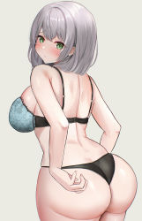 Rule 34 | 1girl, absurdres, ajirou, ass, back, bare shoulders, black bra, black panties, blush, bra, breasts, butt crack, from behind, green eyes, grey background, highres, hololive, huge ass, lace, large breasts, looking at viewer, looking back, panties, shirogane noel, short hair, silver hair, solo, thick thighs, thighs, underwear, virtual youtuber