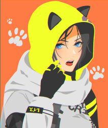 Rule 34 | 1girl, animal ears, animification, apex legends, black gloves, black hair, blue eyes, cat ears, fake animal ears, fangs, gloves, hood, hood up, hoodie, looking to the side, meriko, no lineart, open mouth, orange hair, parted bangs, paw print, scarf, solo, upper body, void prowler wraith, white scarf, wraith (apex legends), yellow hoodie