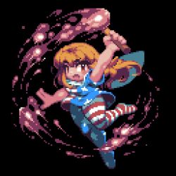 Rule 34 | 1girl, american flag, american flag dress, american flag legwear, arm up, black background, blonde hair, brown eyes, clownpiece, commentary request, fairy wings, fire, full body, highres, holding, holding torch, long hair, looking at viewer, medium bangs, no headwear, no shoes, open mouth, pantyhose, pixel art, solo, star (symbol), star print, striped clothes, striped pantyhose, tonchamon san, torch, touhou, wings