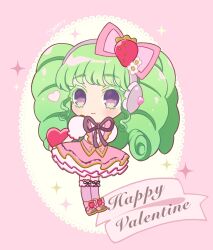 Rule 34 | 1girl, arms behind back, bow, box, chibi, closed mouth, colored eyelashes, dress, falulu, full body, gift, green hair, grey eyes, grey ribbon, hair bow, hairband, happy valentine, headphones, heart-shaped box, highres, holding, holding gift, long hair, looking at viewer, momokan (mmkn100), pink background, pink bow, pink dress, pink footwear, pink thighhighs, pretty series, pripara, shoes, sidelocks, smile, solo, sparkle, standing, thighhighs, twintails, very long hair