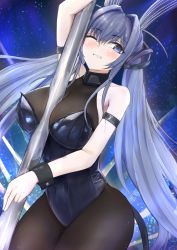 Rule 34 | 1girl, absurdly long hair, absurdres, anchor ornament, animal ears, arm strap, azur lane, between breasts, black leotard, black pantyhose, blue eyes, blue hair, blush, bodystocking, breasts, covered navel, detached collar, fake animal ears, highres, huge filesize, leotard, long hair, new jersey (azur lane), new jersey (exhilarating steps!) (azur lane), official alternate costume, one eye closed, pantyhose, playboy bunny, pole, pole dancing, rabbit ears, rabbit tail, solo, stripper pole, tail, takahasho, very long hair