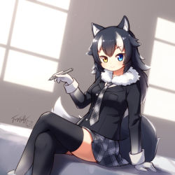 Rule 34 | 10s, 1girl, animal ears, black hair, fur collar, gloves, grey wolf (kemono friends), heterochromia, highres, kemono friends, langbazi, long hair, long sleeves, looking at viewer, multicolored hair, necktie, solo, tail, thighhighs, two-tone hair, wolf ears, wolf tail