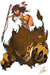 Rule 34 | 1girl, beast king (sekaiju), brown hair, dark skin, feathers, feather hair ornament, highres, lansane, polearm, riding, etrian odyssey, simple background, spear, tribal, weapon, white background