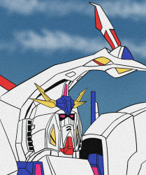Rule 34 | 1970s (style), cloud, cloudy sky, commentary, gundam, gundam hathaway&#039;s flash, highres, mecha, meme, mobile suit, mobile suit gundam, no humans, oldschool, parody, penelope (hathaway&#039;s flash), pink eyes, quality, retro artstyle, robot, science fiction, sky, solo, style parody, taka two, upper body, v-fin