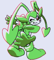 Rule 34 | digimon, digimon (creature), fang, gloves, highres, one eye closed, pucchiemon (green), ribbon, smile, wink