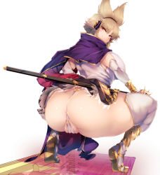 Rule 34 | &gt;:), 1girl, anus, anus peek, ass, blonde hair, blouse, breasts, cape, elbow gloves, fat mons, from behind, gloves, highres, huge ass, large breasts, long sleeves, looking back, microskirt, partially visible vulva, red eyes, sandals, sekiyu (spartan), shirt, skirt, sleeveless, sleeveless shirt, smile, solo, spread legs, squatting, sword, thick thighs, thighhighs, thighs, thong, touhou, toyosatomimi no miko, v-shaped eyebrows, weapon, white background, white gloves, white thighhighs