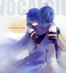 Rule 34 | 2boys, bad id, bad pixiv id, blue hair, carrying, dual persona, english text, closed eyes, from behind, happy birthday, i-riya, kaito (vocaloid), male focus, multiple boys, short hair, vocaloid, aged down