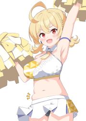 Rule 34 | 1girl, ?, ahoge, arm up, armband, armpits, blonde hair, blue archive, blush, braid, breasts, cameltoe, character name, cheerleader, cleavage, collarbone, commentary request, cowboy shot, crop top, dot nose, hair between eyes, halo, highres, holding, holding pom poms, kotori (blue archive), kotori (cheer squad) (blue archive), kusunoki toona, large breasts, long hair, looking at viewer, midriff, navel, notice lines, open mouth, pleated skirt, pom pom (cheerleading), pom poms, red eyes, simple background, skirt, solo, twintails, white background, wing collar, yellow halo