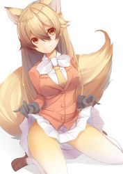 Rule 34 | 10s, 1girl, animal ears, black gloves, blonde hair, blush, bow, bowtie, breasts, brown hair, clothes lift, ezo red fox (kemono friends), fox ears, fox tail, gloves, hair between eyes, highres, if (asita), jacket, kemono friends, long hair, long sleeves, looking at viewer, medium breasts, multicolored hair, necktie, pantyhose, pleated skirt, skirt, skirt lift, smile, solo, tail, tatapopo, white skirt, yellow eyes