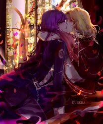 2girls absurdres all_fours arm_around_neck artist_name artkurera blonde_hair bug butterfly capelet closed_eyes commentary english_commentary highres insect jacket kiss long_hair long_sleeves medea_solon medium_hair multiple_girls pants psyche_callista purple_butterfly purple_eyes purple_hair purple_jacket purple_pants red_capelet your_throne yuri