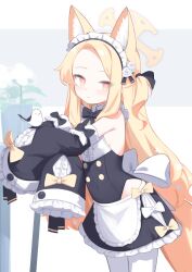 Rule 34 | 1girl, absurdres, alternate costume, animal, animal ears, apron, bare shoulders, bird, blonde hair, blue archive, blush, closed mouth, commentary, detached sleeves, english commentary, enmaided, fox ears, halo, highres, klaius, long hair, looking at viewer, maid, maid apron, maid headdress, pantyhose, seia (blue archive), sleeves past fingers, sleeves past wrists, solo, waist apron, white apron, white bird, white pantyhose, yellow eyes, yellow halo