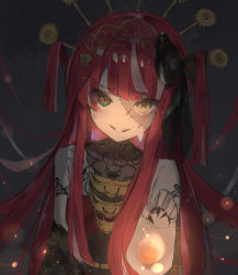 Rule 34 | 1girl, black nails, bow, dark, dress, ememo, grin, hair bow, hair ornament, hairpin, heterochromia, highres, hololive, hololive indonesia, kureiji ollie, lantern, light, long hair, nail polish, official alternate costume, red hair, smile, stitches, symbol-shaped pupils, virtual youtuber, wedding dress