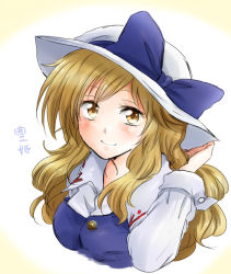 Rule 34 | 1girl, blonde hair, bow, character name, hat, hat bow, long sleeves, simple background, smile, solo, touhou, unya, upper body, watatsuki no toyohime, yellow eyes