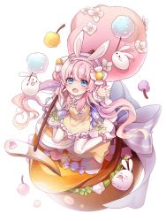 Rule 34 | 1girl, animal ears, blouse, blue eyes, dress, fake animal ears, food fantasy, full body, hair bun, hair ornament, highres, lollipop (food fantasy), looking at viewer, looking up, official art, oversized food, oversized object, pale skin, pink hair, rabbit, rabbit ears, rabbit hair ornament, reaching, reaching towards viewer, second-party source, shirt, single side bun, thighhighs, transparent background, white shirt, white thighhighs