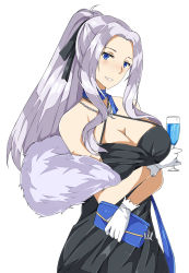Rule 34 | 1girl, anchor, azur lane, bag, bare shoulders, black dress, blue eyes, breasts, cleavage, cocktail dress, commentary, cup, dress, evening gown, glass, gloves, highres, holding, holding bag, holding cup, large breasts, light purple hair, long hair, official alternate costume, olly (ollycrescent), ponytail, simple background, smile, solo, white background, white gloves, yorktown (azur lane), yorktown (evening i can&#039;t remember) (azur lane)