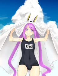Rule 34 | 1girl, animal ears, armpits, bed sheet, cloud, cosplay, covered navel, cowboy shot, crotch, fate/grand order, fate/hollow ataraxia, fate (series), highres, long hair, looking at viewer, nitocris (fate), nitocris (swimsuit assassin) (fate), nitocris (swimsuit assassin) (fate) (cosplay), one-piece swimsuit, outdoors, purple eyes, purple hair, school swimsuit, sky, smile, solo, standing, stheno (fate), swimsuit, tagme, thigh gap, thighs, twintails, very long hair