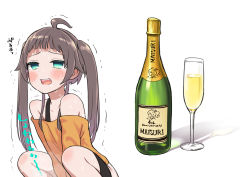 Rule 34 | 1girl, ahoge, alcohol, blunt bangs, brown hair, champagne, champagne bottle, commentary request, green eyes, have to pee, highres, hololive, natsuiro matsuri, natsuiro matsuri (gaming casual), off-shoulder shirt, off shoulder, sabaku chitai, shirt, solo, squatting, sweat, twintails, virtual youtuber