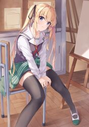 Rule 34 | 1girl, :3, absurdres, between legs, black ribbon, black sweater vest, black thighhighs, blonde hair, blue eyes, blunt bangs, blush, classroom, closed mouth, clothes around waist, commentary, eyelashes, eyes visible through hair, foot out of frame, hair ribbon, hand between legs, head tilt, highres, indoors, leaning forward, long hair, long sleeves, looking at viewer, mary janes, miniskirt, neck ribbon, on chair, red ribbon, ribbon, saenai heroine no sodatekata, sailor collar, sawamura spencer eriri, school uniform, serafuku, shirt, shoes, sitting, skirt, smile, solo, sweater vest, thighhighs, twintails, v arms, very long hair, white footwear, white sailor collar, white shirt, yanagi marie, zettai ryouiki