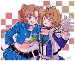 Rule 34 | 2girls, ahoge, akigumo (kancolle), anchor symbol, bandaid, bandaid on face, bandeau, belt, blue dress, blue jacket, blue skirt, breasts, brown eyes, brown hair, checkered background, commentary request, cowboy shot, dress, fang, fujinoki (horonabe-ken), gloves, green eyes, hair ribbon, helmet, highres, jacket, kantai collection, long hair, looking at viewer, medium breasts, midriff, mole, mole under eye, motorcycle helmet, multicolored clothes, multicolored dress, multiple girls, oboro (kancolle), official alternate costume, pleated skirt, ponytail, race queen, ribbon, short hair, sketchbook, skirt, white bandeau, white gloves
