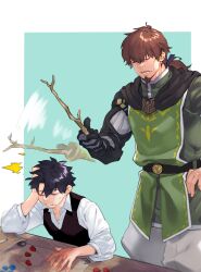 Rule 34 | 2boys, belt, black belt, black cape, black hair, black vest, blue ribbon, brown hair, cape, cheekbones, closed eyes, collared shirt, facial hair, fate/grand order, fate (series), fujimaru ritsuka (male), goatee, green tabard, green tunic, hand on own head, hand on own hip, hector (fate), highres, hitting, holding, holding stick, imoda, lower teeth only, male focus, map, motion blur, multiple boys, pants, ponytail, ribbon, shirt, sitting, stick, tabard, teeth, vest, white pants, white shirt