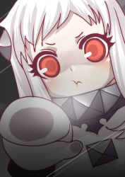 Rule 34 | 10s, 1girl, :t, abyssal ship, against glass, bad id, bad pixiv id, fourth wall, horns, kantai collection, long hair, looking at viewer, meaomao, mittens, northern ocean princess, pale skin, red eyes, solo, white hair