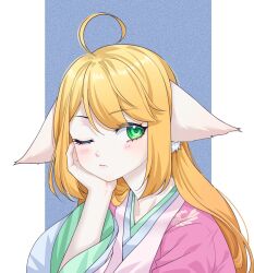 Rule 34 | 1girl, ahoge, animal ears, blonde hair, blue background, blush, chinese clothes, closed mouth, ears down, fox ears, green eyes, hand on own cheek, hand on own face, hand up, hanfu, head rest, highres, huyao xiao hongniang, kumu zaisheng, layered sleeves, long hair, looking to the side, one eye closed, pink shirt, shirt, solo, tushan honghong, two-tone background, upper body, white background, wide sleeves
