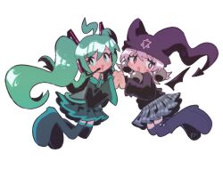 Rule 34 | 2girls, ahoge, aqua necktie, black footwear, black shirt, black skirt, blush stickers, boots, commentary, crossover, demon wings, detached sleeves, earrings, eyelashes, green hair, hat, hatsune miku, headset, highres, holding hands, jester cap, jewelry, kitchupsandwich, long hair, mayura, multiple girls, necktie, open mouth, plaid, plaid skirt, purple hair, red eyes, shirt, simple background, single earring, skirt, thigh boots, twintails, ukagaka, very long hair, vocaloid, white background, wings