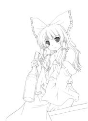 Rule 34 | 1girl, bottle, bow, detached sleeves, dress, female focus, frills, greyscale, hair bow, hakurei reimu, holding, lineart, long sleeves, looking at viewer, lzh, monochrome, simple background, sitting, solo, touhou, white background