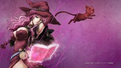 Rule 34 | 1boy, 1girl, black clover, breasts, cat, choker, cleavage, cleavage cutout, clothing cutout, female focus, gloves, hat, huge breasts, large breasts, looking at viewer, miniskirt, no bra, official art, pink hair, purple eyes, skirt, thighs, vanessa enoteca, wavy hair, witch, witch hat