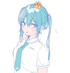 Rule 34 | 1girl, blue eyes, blue hair, blue necktie, blush, breasts, collared shirt, commentary request, crown, hair between eyes, hatsune miku, heremia, highres, looking at viewer, mini crown, necktie, parted lips, shirt, short sleeves, simple background, small breasts, solo, twintails, vocaloid, white background, white shirt