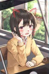 Rule 34 | 1girl, absurdres, animal ears, annoyed, bad id, bad pixiv id, blush, brown eyes, brown hair, brown sweater, cat ears, cat nose, cellphone, chair, collared shirt, commentary request, fake animal ears, fake nose, fake whiskers, fang, hair ornament, hairclip, hand up, highres, huge filesize, indoors, long sleeves, looking at viewer, notice lines, open mouth, original, phone, red neckwear, sarika, school chair, shirt, short hair, sitting, skin fang, smartphone, solo, sweater, taking picture, white shirt, window
